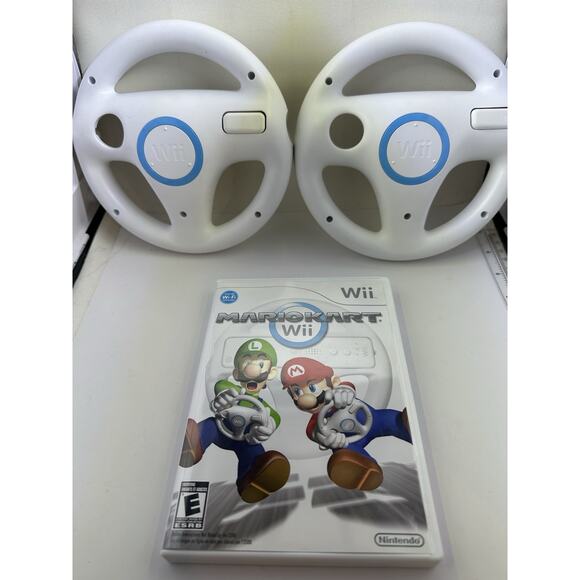 Mario Kart Wii (Nintendo, 2008) With (2) Two Nintendo OEM Steering Wheels Bundle - Picture 1 of 7